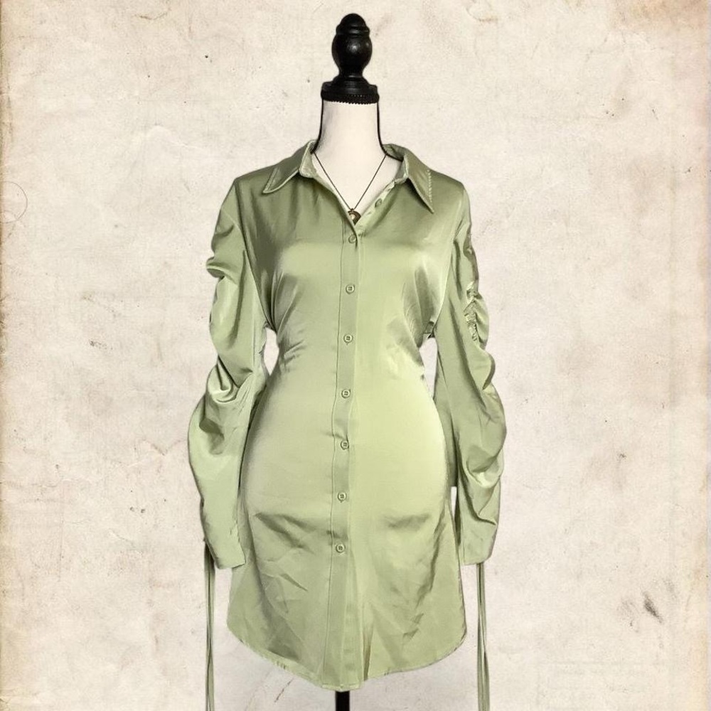 Fashion Nova Light Green Satin Button Up Dress
